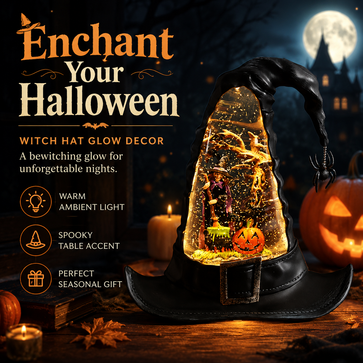🌟Lighted Swirling Witch Hat Water Globe (9.5-Inch Halloween Decor)