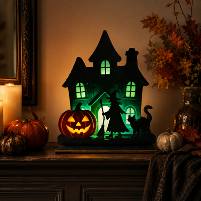 🎃 Wooden Halloween Table Centerpieces - Spooky Ghost & Pumpkin Sign, Haunted House Silhouette Block Tabletop Decor for Party & Home