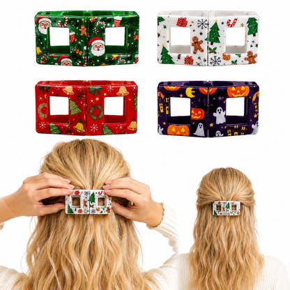 Holiday Magnetic Split Hair Clip - Festive Square Cutout Christmas & Halloween Non-Slip Hair Claw