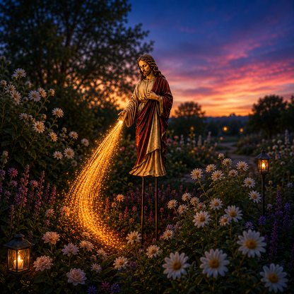 Solar Powered Jesus Light Statue – Flowing Fiber Optic Waterfall Garden Stake