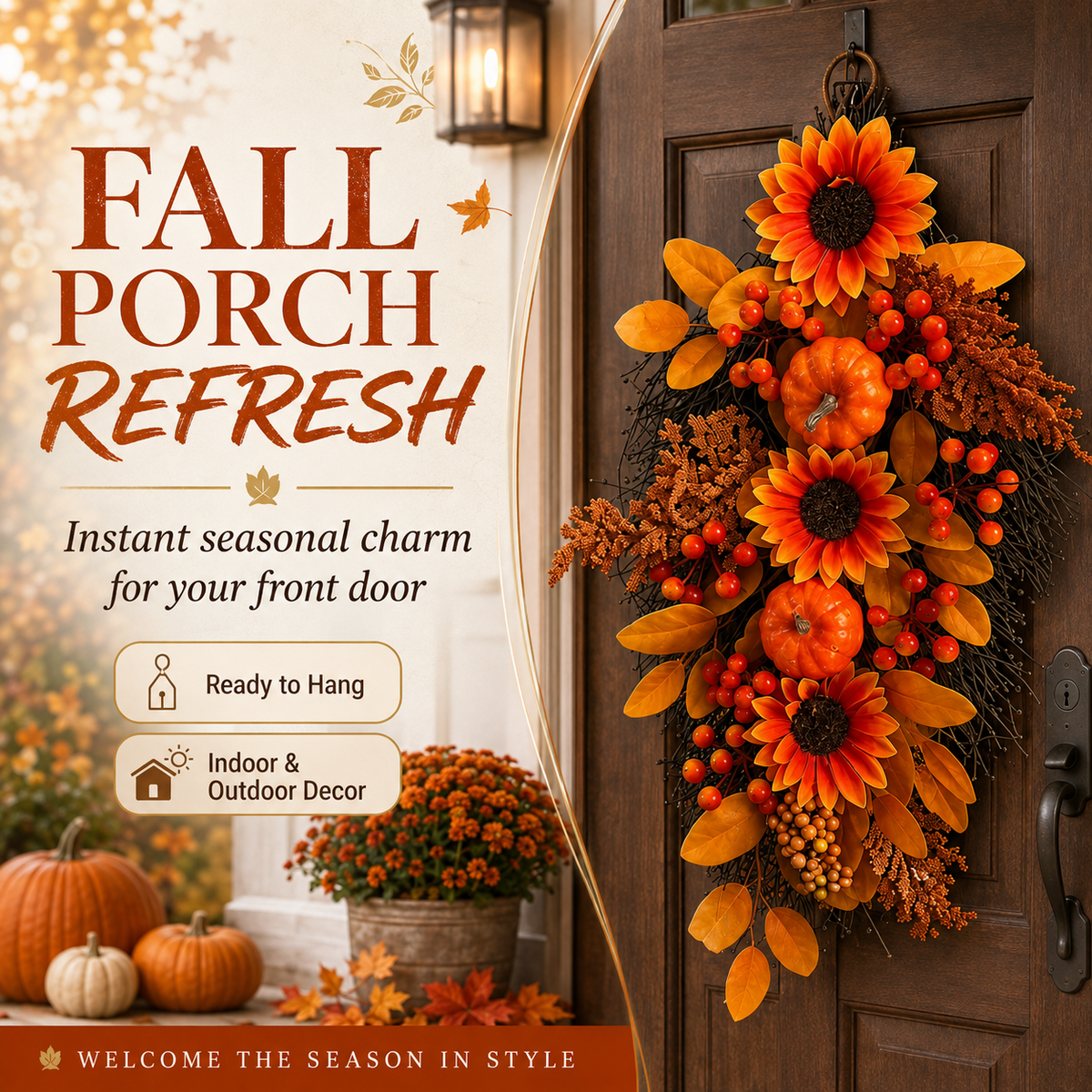🍂 Harvest Teardrop Swag 🎃 Faux Autumn Front Door & Thanksgiving Decor 🌾