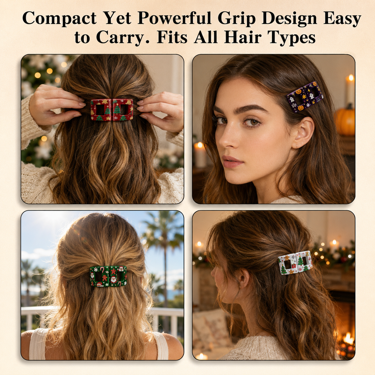 Holiday Magnetic Split Hair Clip - Festive Square Cutout Christmas & Halloween Non-Slip Hair Claw