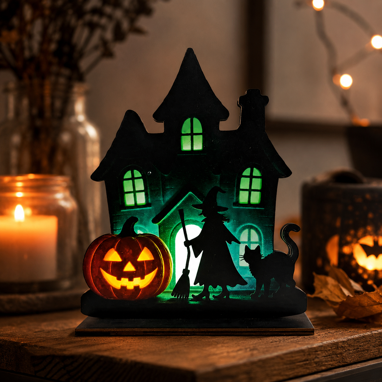 🎃 Wooden Halloween Table Centerpieces - Spooky Ghost & Pumpkin Sign, Haunted House Silhouette Block Tabletop Decor for Party & Home