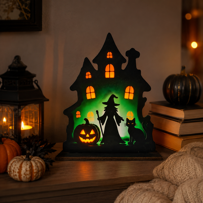 🎃 Wooden Halloween Table Centerpieces - Spooky Ghost & Pumpkin Sign, Haunted House Silhouette Block Tabletop Decor for Party & Home