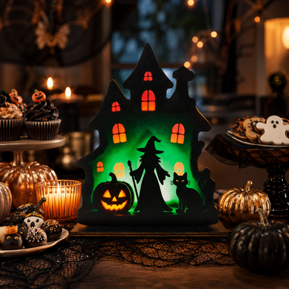 🎃 Wooden Halloween Table Centerpieces - Spooky Ghost & Pumpkin Sign, Haunted House Silhouette Block Tabletop Decor for Party & Home
