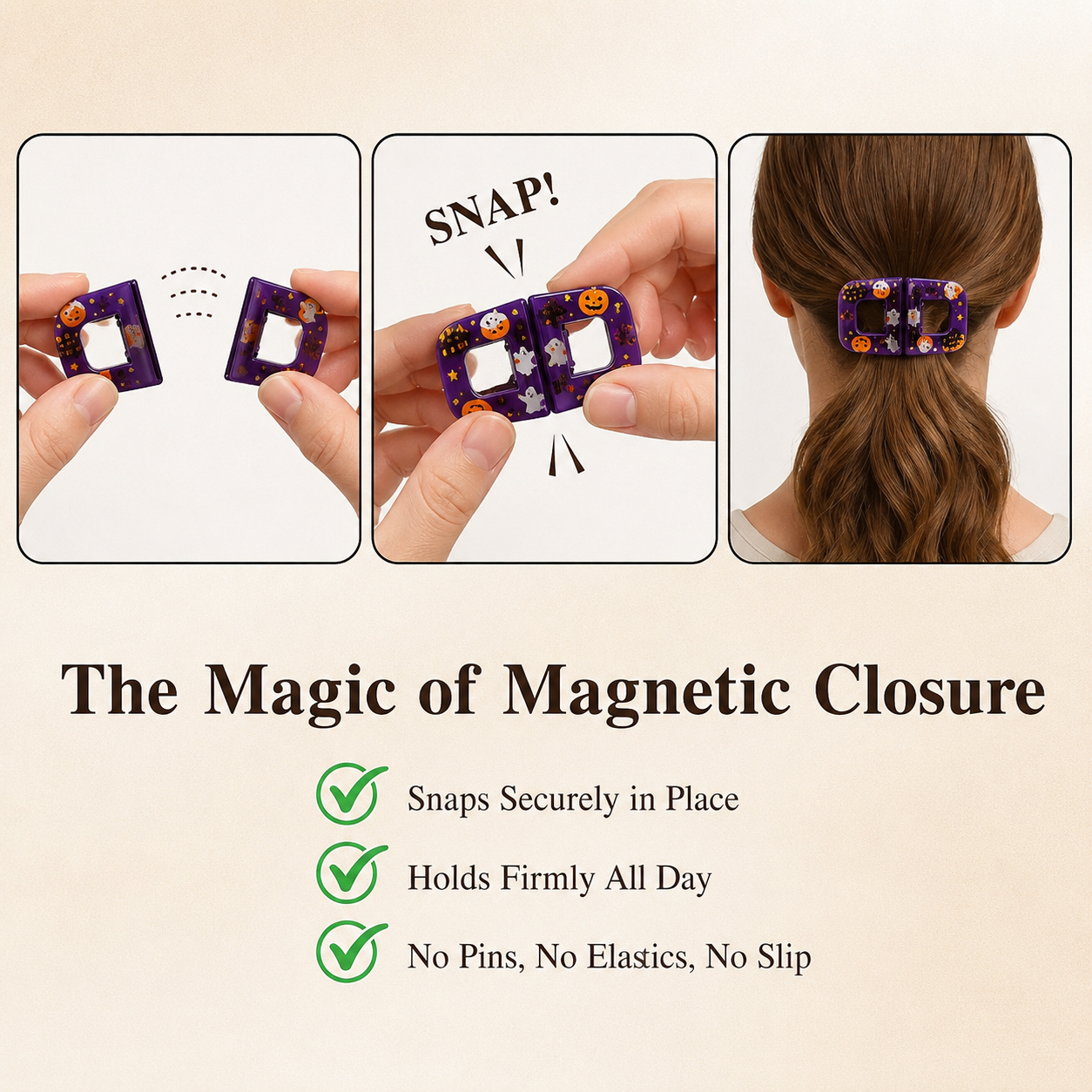 Holiday Magnetic Split Hair Clip - Festive Square Cutout Christmas & Halloween Non-Slip Hair Claw