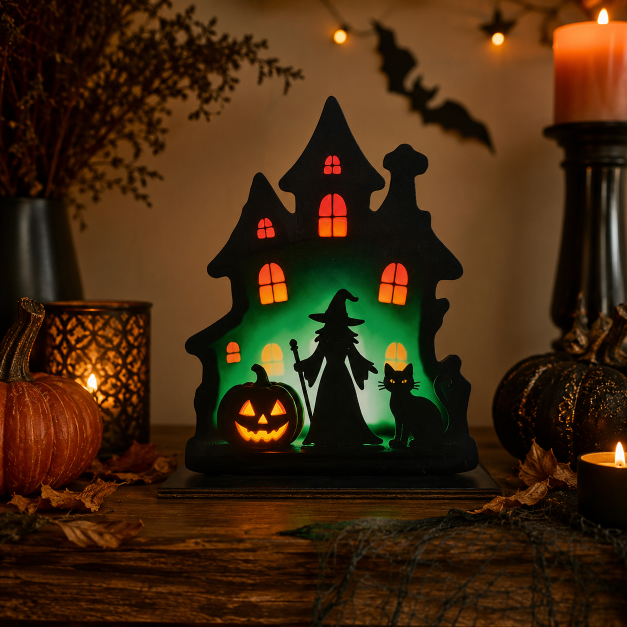 🎃 Wooden Halloween Table Centerpieces - Spooky Ghost & Pumpkin Sign, Haunted House Silhouette Block Tabletop Decor for Party & Home