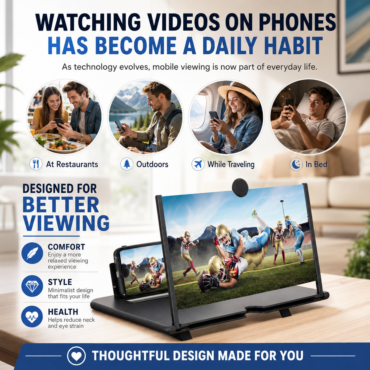 👁️ 3D HD Phone Screen Enlarger – Foldable Eye-Protection Magnifier Stand for Videos & Gaming 📱✨