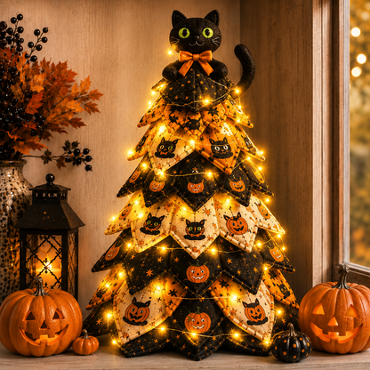🎃✨ Lighted Halloween Quilted Fabric Tree – Cozy Handmade Glow Decoration