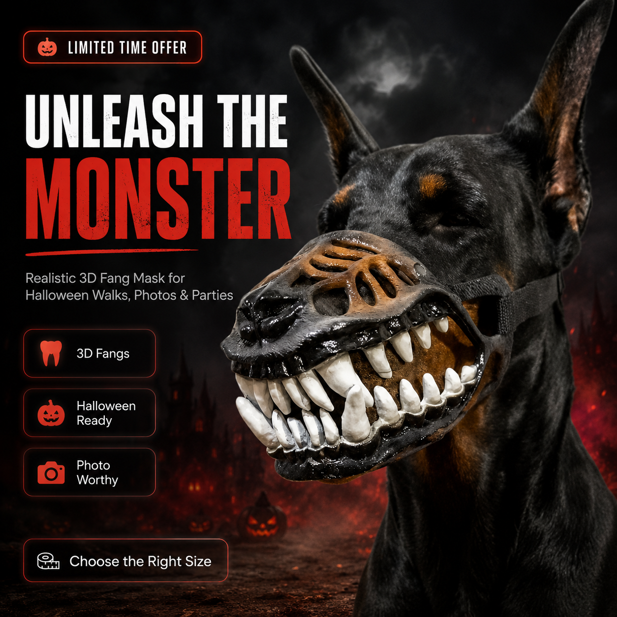 🎃 Realistic 3D Monster Fang Dog Mask – Scary Halloween Pet Costume for Photos, Parties & Night Walks 🐺