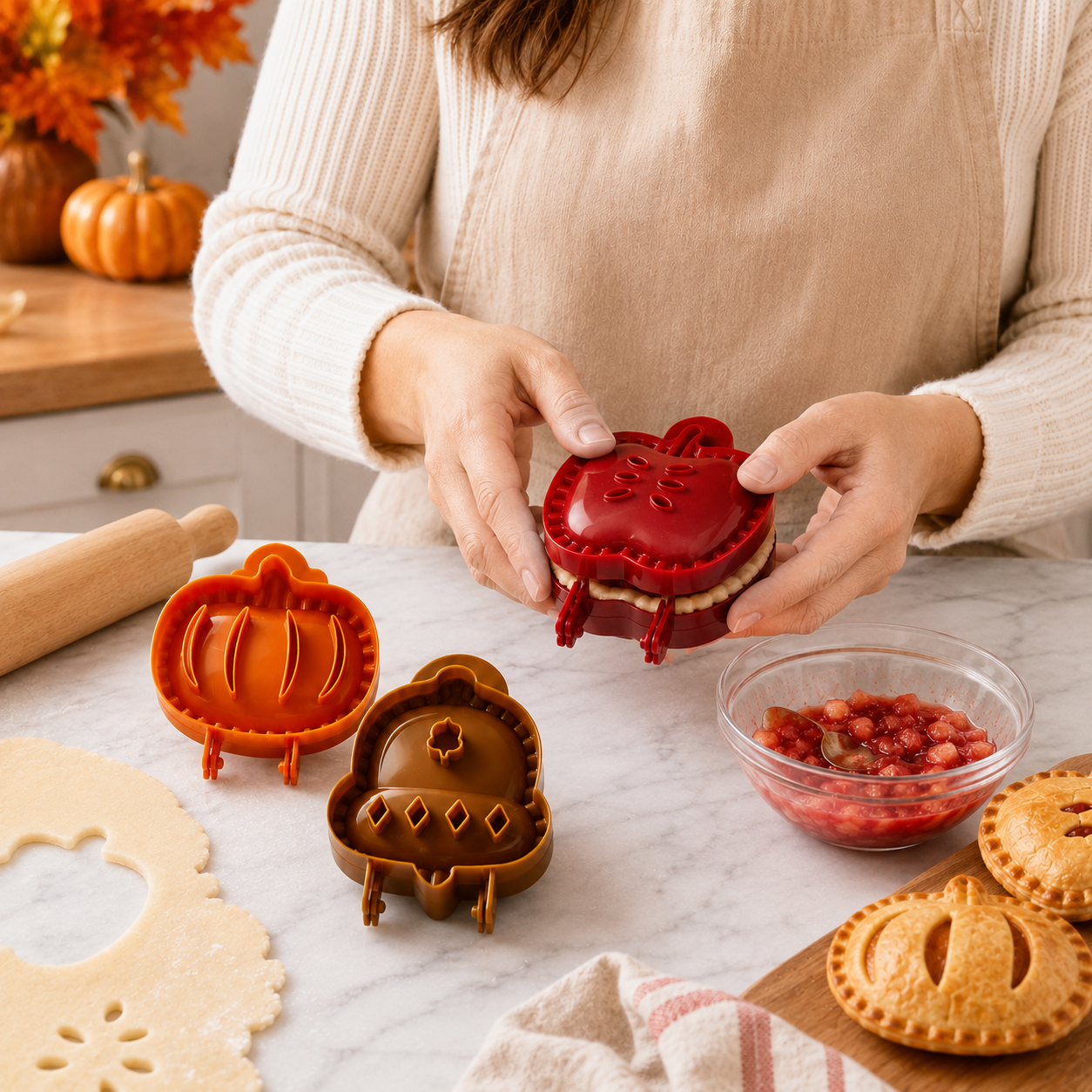 🍎 Fall Hand Pie Molds Set of 3 – Autumn Pumpkin, Apple & Acorn Dough Pressing Stamp Moulds for Thanksgiving & Christmas Baking ✨