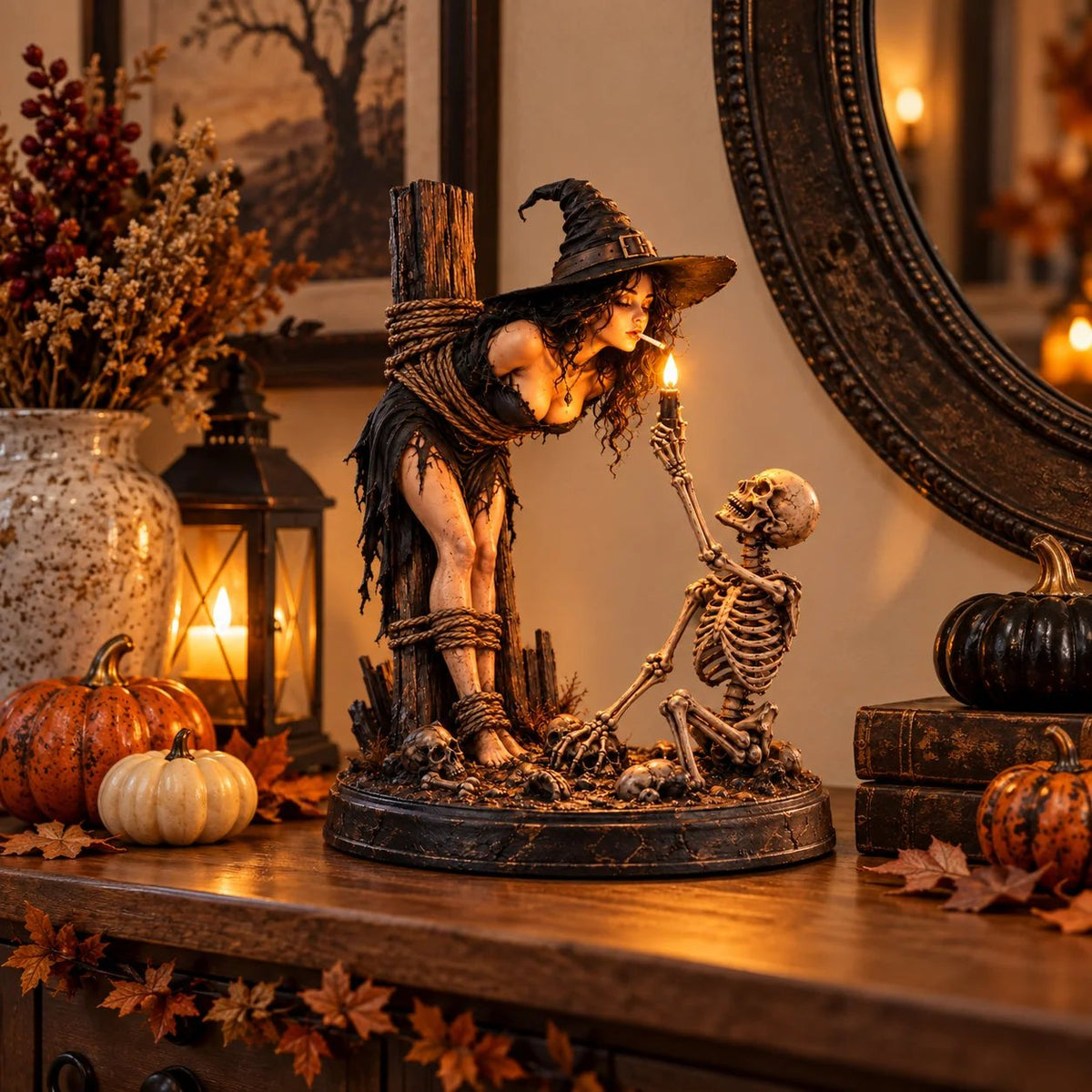 🧙💀Witch and Skeleton Candle Figure – Dark, Gothic Halloween Table Decoration🔥