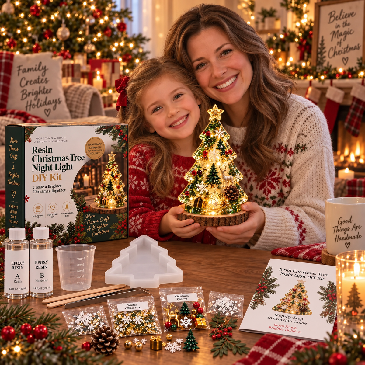 ⏳ Last Day 49% OFF – 🎄Beginner-Friendly Resin Christmas Tree Night Light DIY Kit | Mold, Resin, Fairy Lights & Festive Decorations Included ✨