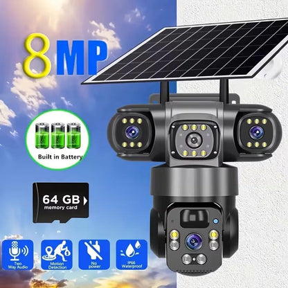 🔥4K Solar Wireless Outdoor Security Camera – Triple Lens Panoramic View, Two-Way Audio, 2.4G WiFi