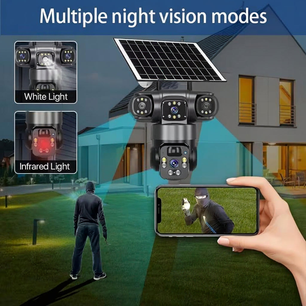 🔥4K Solar Wireless Outdoor Security Camera – Triple Lens Panoramic View, Two-Way Audio, 2.4G WiFi