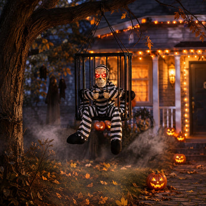 💀 Motion Activated Prisoner Skeleton Halloween Prop – Screaming Jump Scare Decoration With Flashing Red Eyes