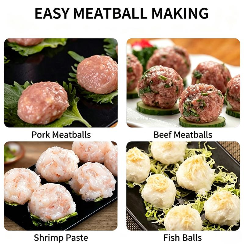 Different foods shaped with the manual meatball maker