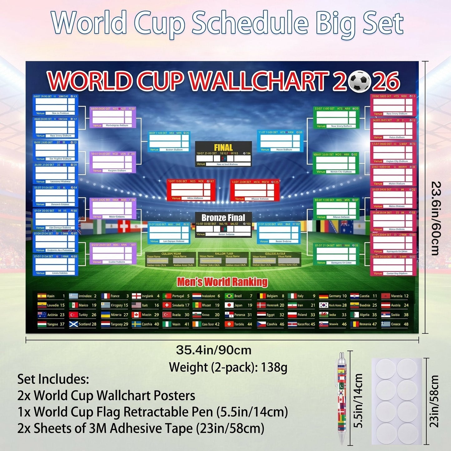 ⚽🏆 Ultimate 2026 Soccer Fan Wall Chart Kit – Group Stage & Knockout Posters (23.6” x 35.4”), Marker Pen & Mounting Strips Included