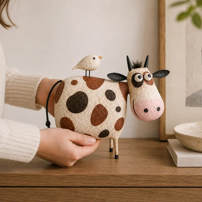 Whimsical Cow & Bird Folk Art Figurine – Rustic Farmhouse Tabletop Decor Gift