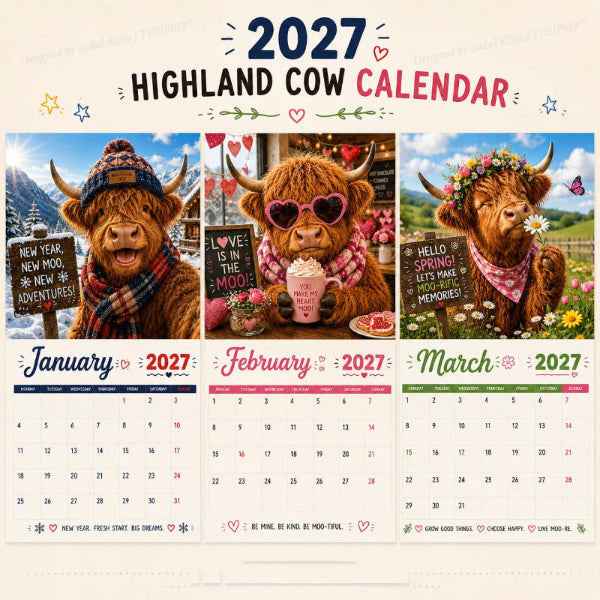 2027 Funny Highland Cow Wall Calendar | A4 Hanging Calendar | Designed by Isabel Kline