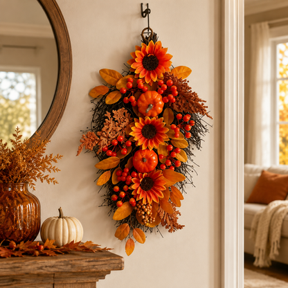 🍂 Harvest Teardrop Swag 🎃 Faux Autumn Front Door & Thanksgiving Decor 🌾