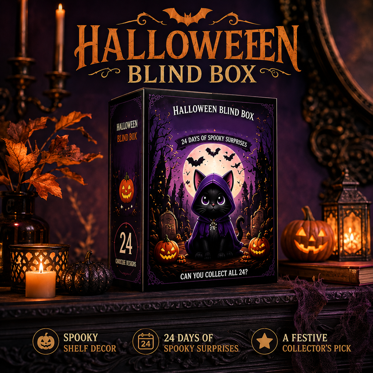 🎃 24-Day Halloween Cat Advent Calendar — Spooky 2D Acrylic Figurine Countdown Box 🐾