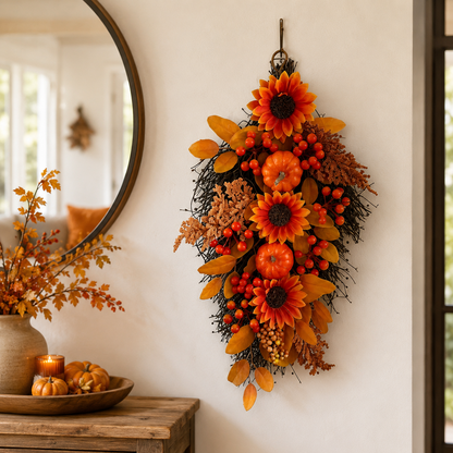 🍂 Harvest Teardrop Swag 🎃 Faux Autumn Front Door & Thanksgiving Decor 🌾
