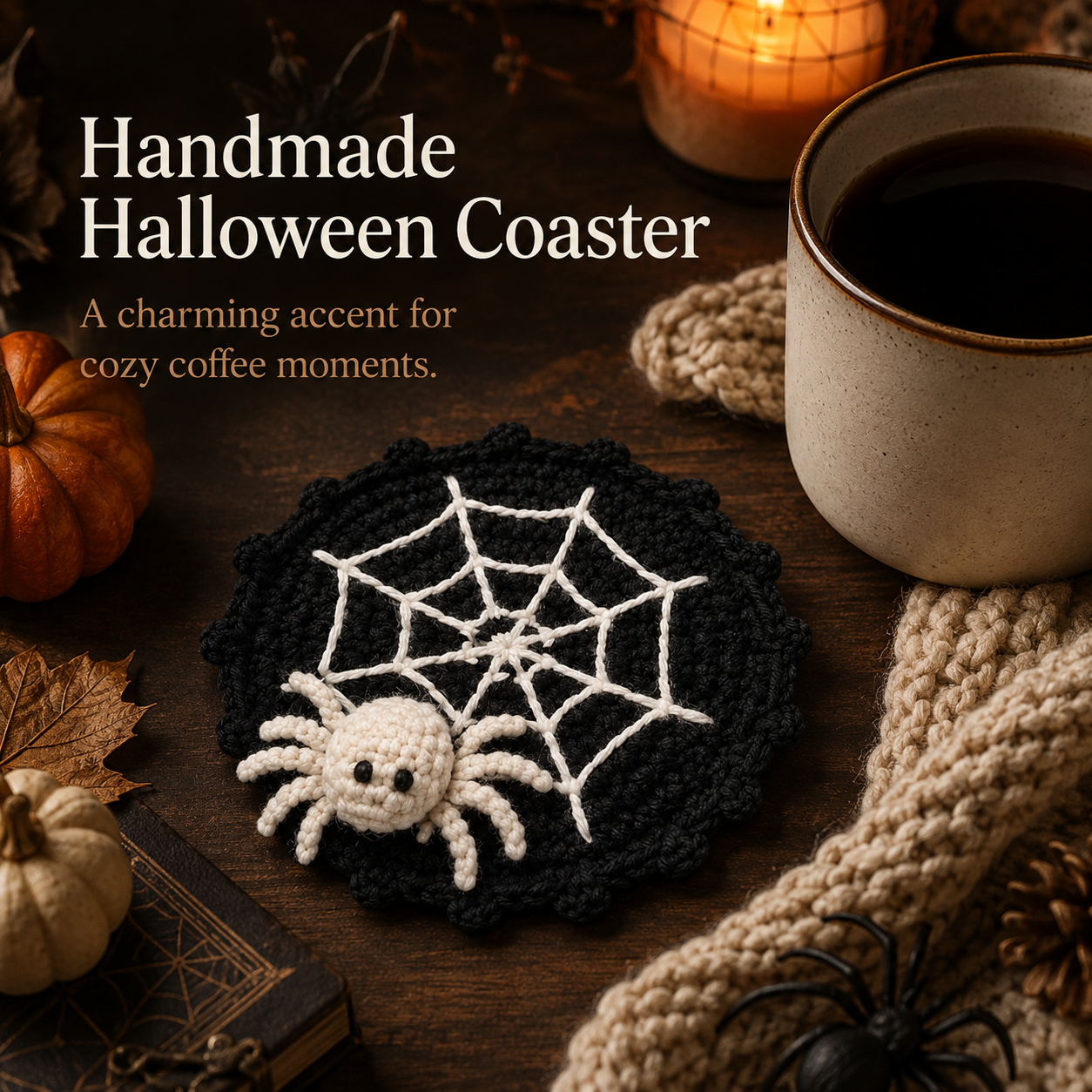 🕷️ Handmade Crochet Spider Web Coaster — Spooky Gothic Halloween Home & Coffee Table Decor ☕