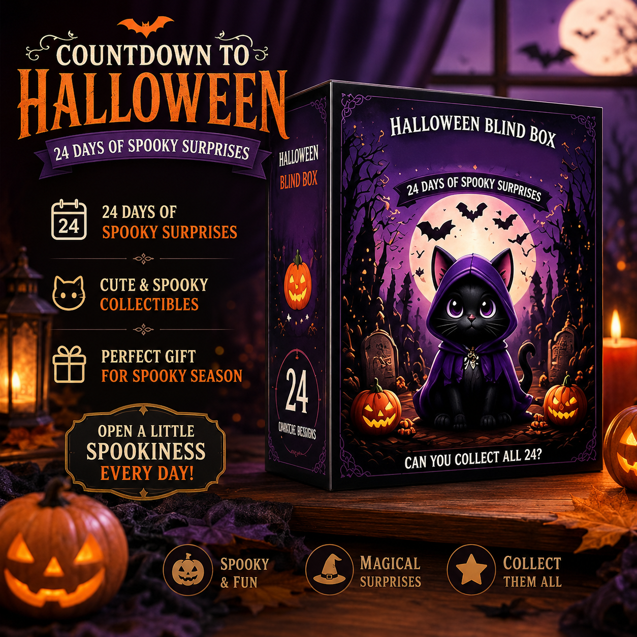 🎃 24-Day Halloween Cat Advent Calendar — Spooky 2D Acrylic Figurine Countdown Box 🐾