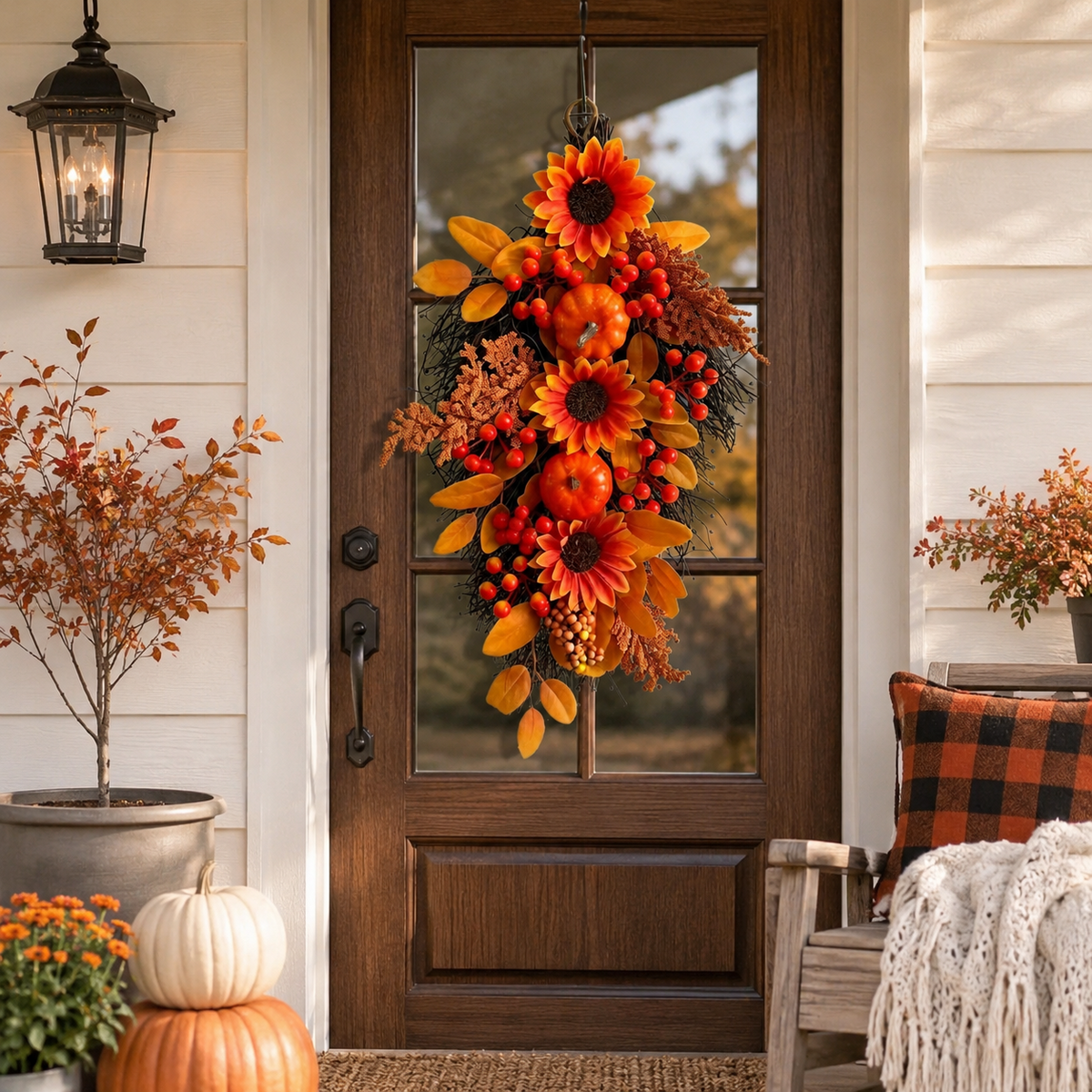 🍂 Harvest Teardrop Swag 🎃 Faux Autumn Front Door & Thanksgiving Decor 🌾