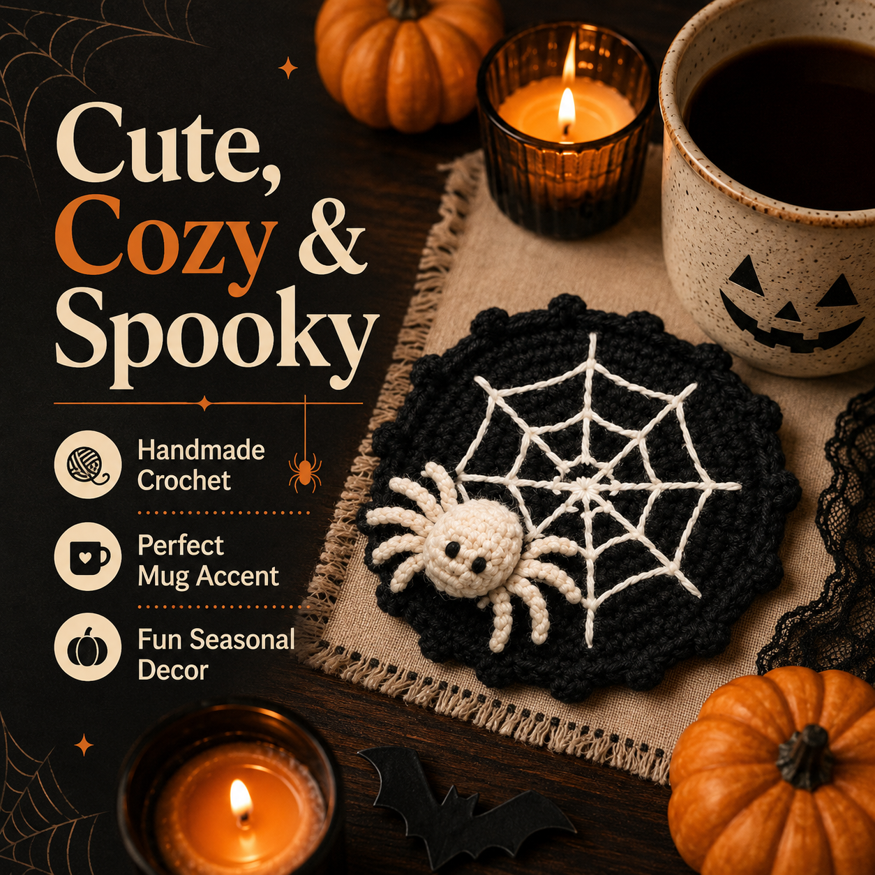 🕷️ Handmade Crochet Spider Web Coaster — Spooky Gothic Halloween Home & Coffee Table Decor ☕