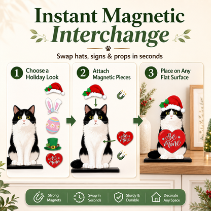 🐾 Interchangeable Wooden Cat Seasonal Desk Sign (27-Pcs Set)