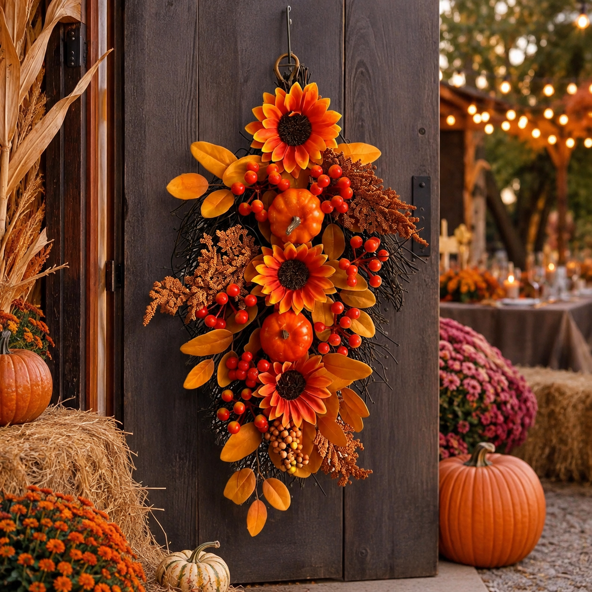 🍂 Harvest Teardrop Swag 🎃 Faux Autumn Front Door & Thanksgiving Decor 🌾