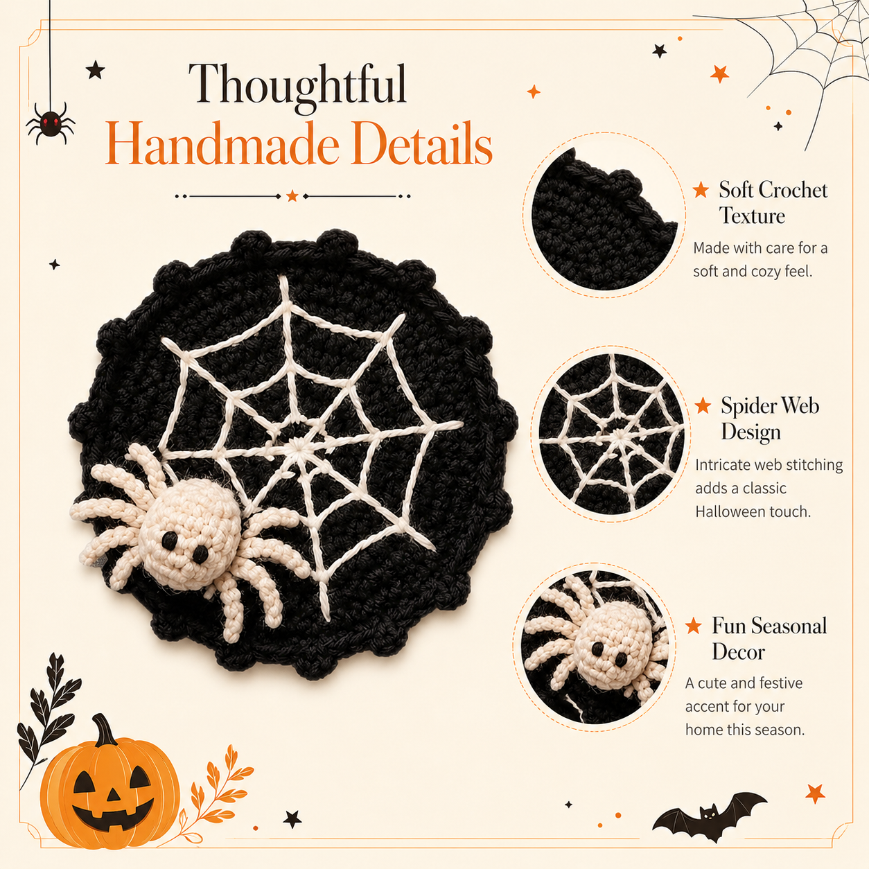 🕷️ Handmade Crochet Spider Web Coaster — Spooky Gothic Halloween Home & Coffee Table Decor ☕