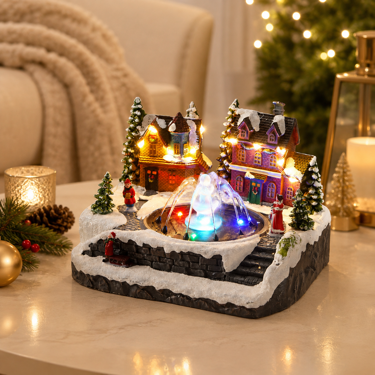 🌲Musical Christmas Village Water Fountain – Rotating LED Lighted Snow Scene Music Box