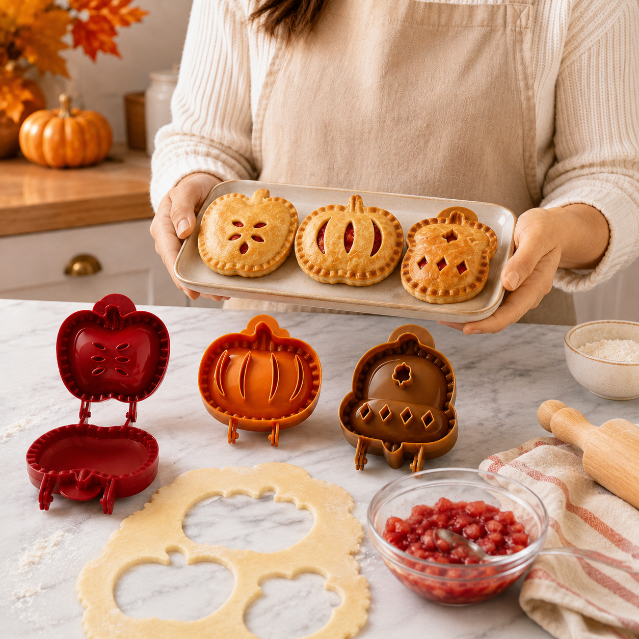 🍎 Fall Hand Pie Molds Set of 3 – Autumn Pumpkin, Apple & Acorn Dough Pressing Stamp Moulds for Thanksgiving & Christmas Baking ✨