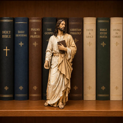 📚🕊️Jesus Figurine Bookshelf Decor Set – 🙏✝️Christian Faith-Inspired Statues for Bible Study Room, Prayer Corner & Home Décor