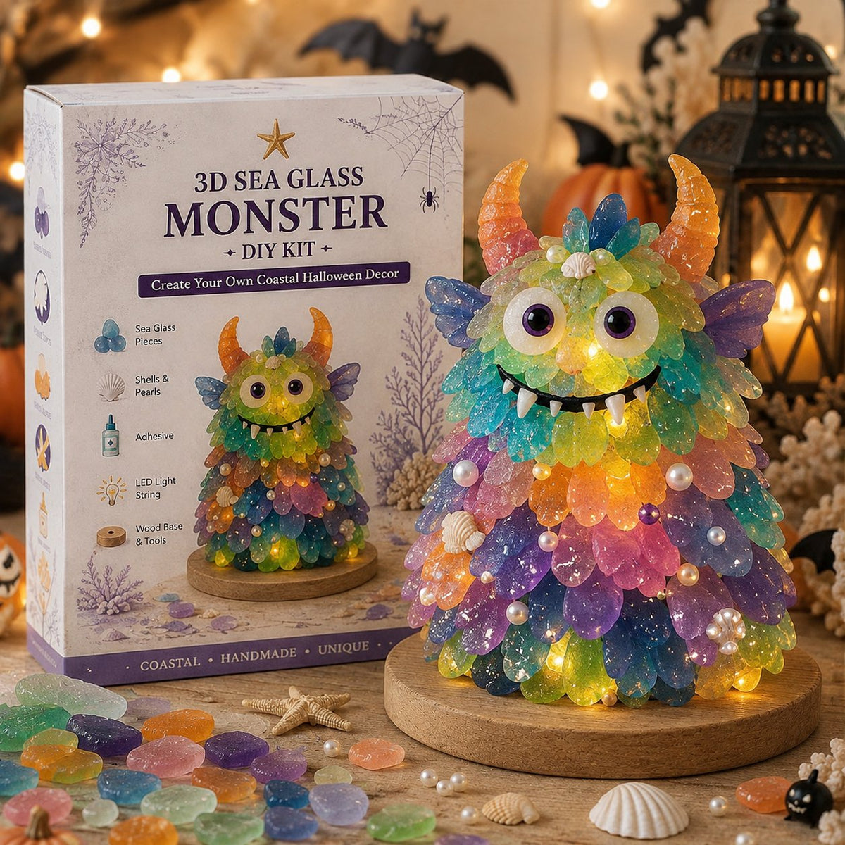 💯⏳49% OFF – 🎃 Beginner-Friendly DIY Lighted Sea Glass Halloween Character Kit Collection | Complete Kit with Sea Glass Pieces, LED Lights & Step-by-Step Guide Included 💕