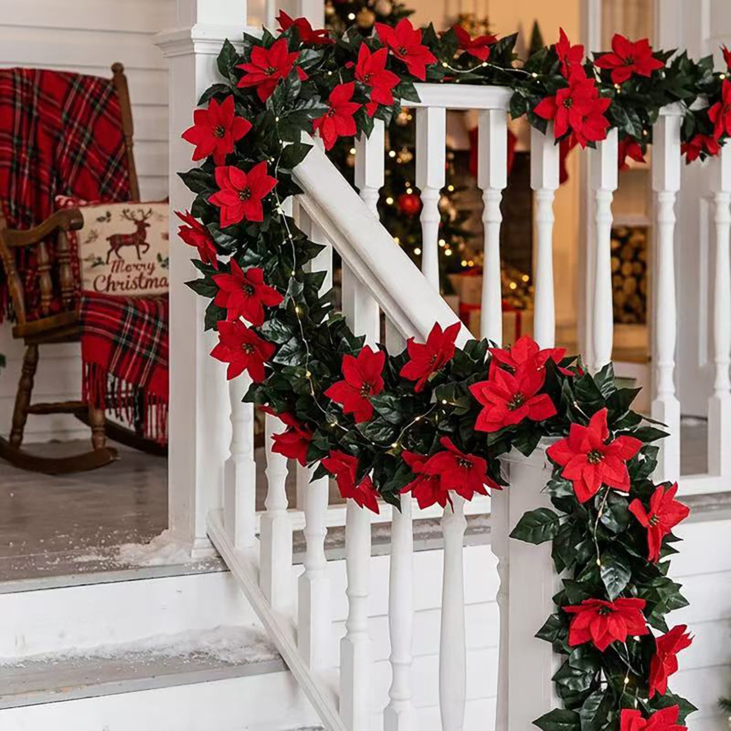 Artificial Christmas Poinsettia Garland with Green Leaves – Flexible Velvet Red Flower Vine for Fireplace, Staircase & Mantel Decor