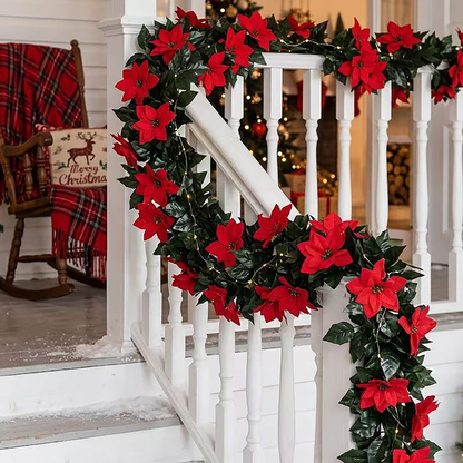 Artificial Christmas Poinsettia Garland with Green Leaves – Flexible Velvet Red Flower Vine for Fireplace, Staircase & Mantel Decor