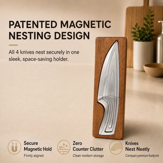 4-Piece Magnetic Kitchen Knife Set | VG10 Japanese Steel & Space-Saving Nesting Design
