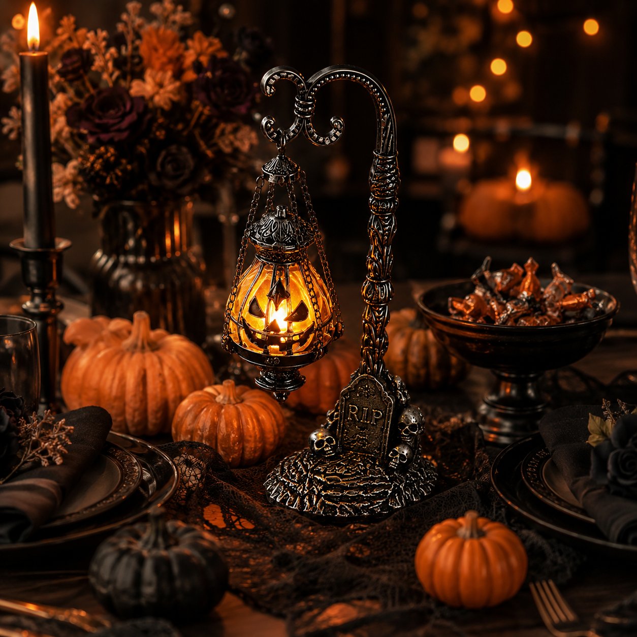 💥🏆 Gothic Pumpkin Lantern Stand | Warm Orange LED Glow, Victorian Skull Details & Haunted Shelf Decor 🕯️