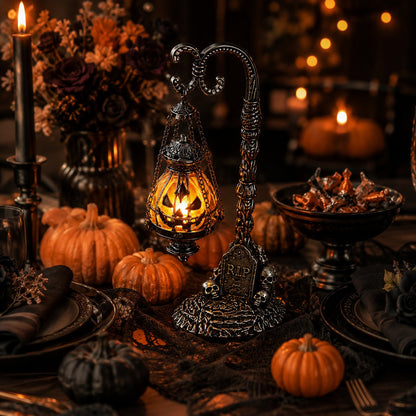💥🏆 Gothic Pumpkin Lantern Stand | Warm Orange LED Glow, Victorian Skull Details & Haunted Shelf Decor 🕯️