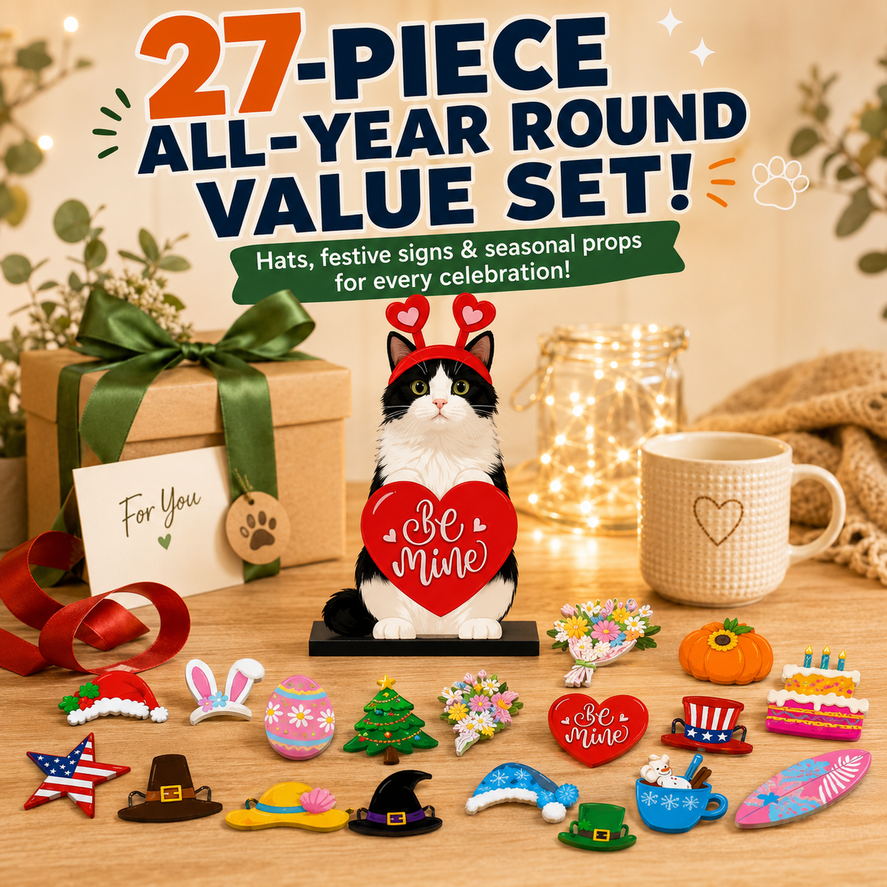🐾 Interchangeable Wooden Cat Seasonal Desk Sign (27-Pcs Set)