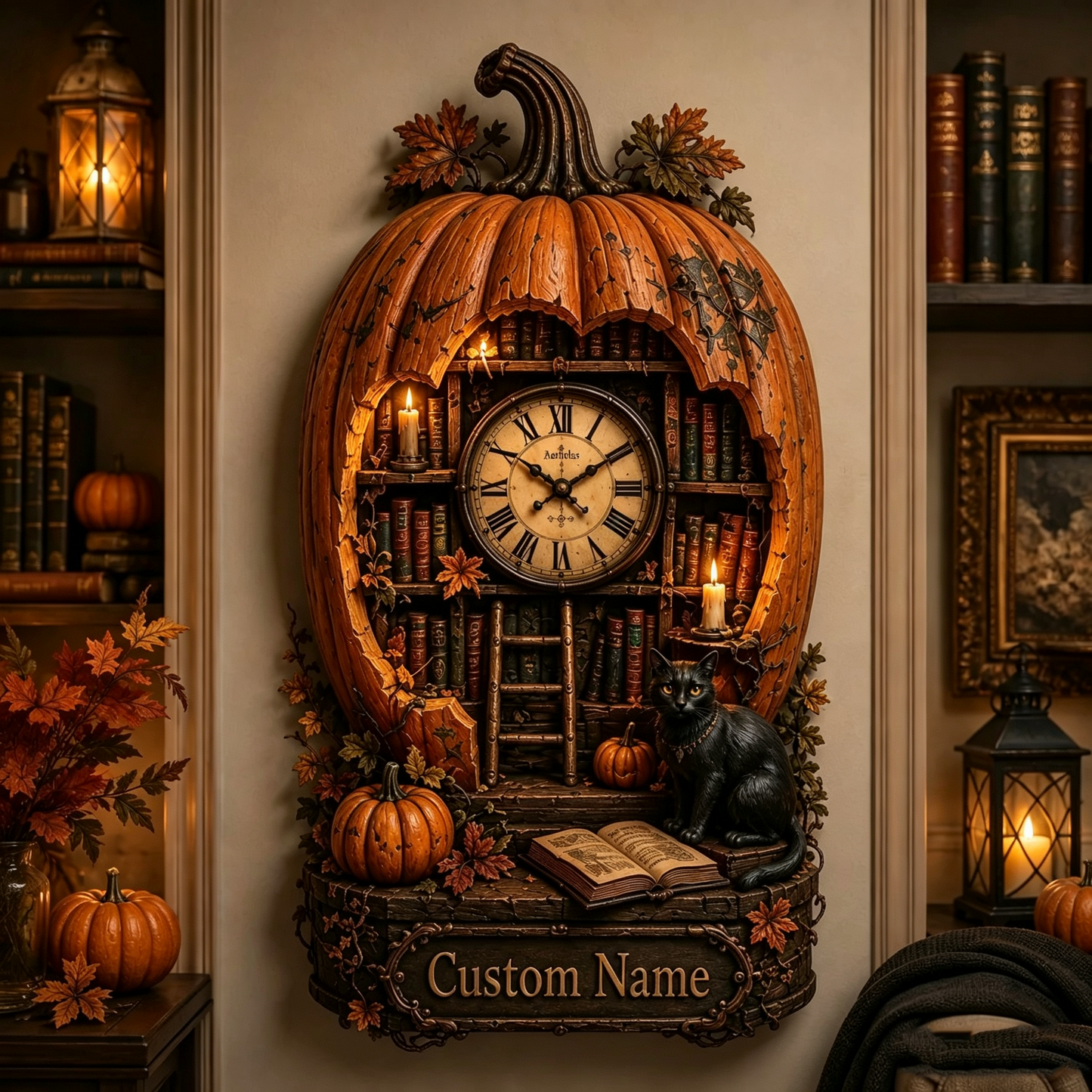 🎃🕰️ Today 49% OFF🔥 Pumpkin Library Wall Clock | Rustic Halloween Decor for Home & Office