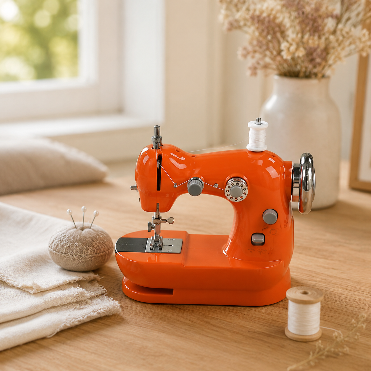 Mini orange sewing machine on desktop