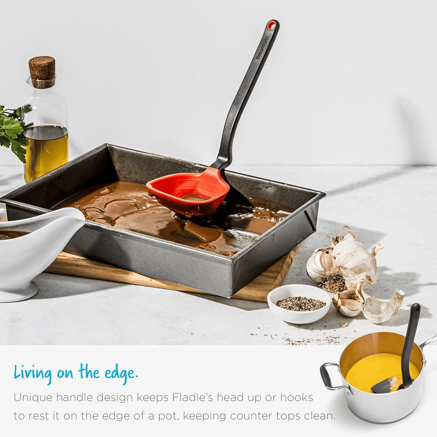 Dreamfarm Fladle Fold-Flat, Space-Saving Serving & Cooking Ladle Measures up to 1/2 Cup with Silicone Scraping Squeegee-Tip - 12"