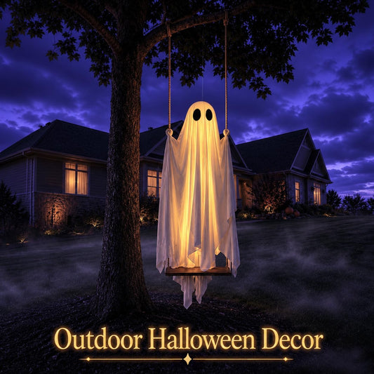 🎃5FT Halloween Decorations Outdoor - Large Hanging Ghost Swing with Remote Control String Lights & Upgraded Sheet, Scary Ghost Halloween Party Decor Outside for Tree Porch Yard Garden Lawn 👻✨