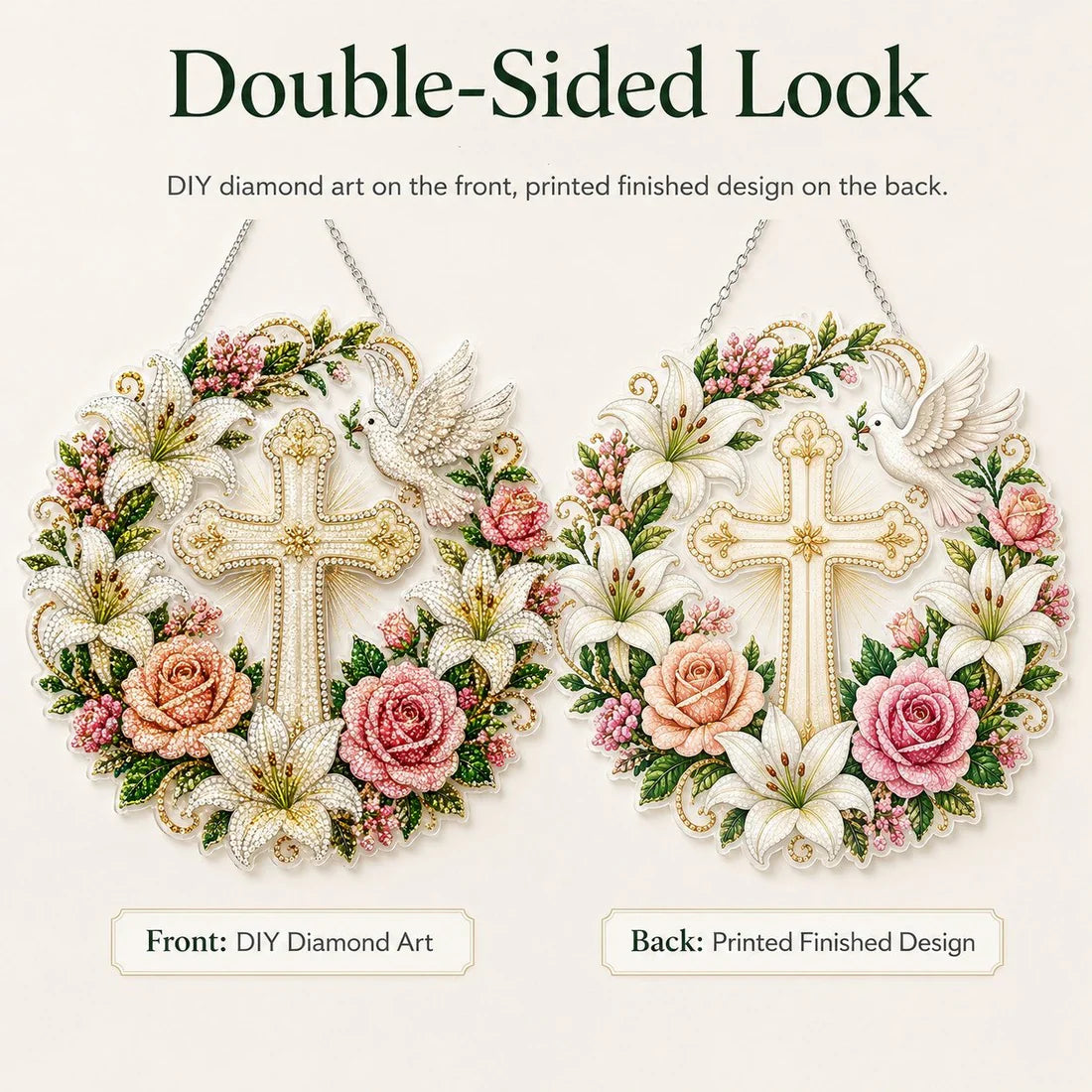 💐✝️ Cross, Flowers & Peace Dove Diamond Art Hanging Ornament Kit🌺