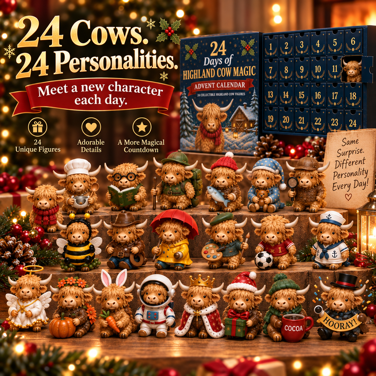 🐮 24 Days of Highland Cow Surprises Advent Calendar – Festive Miniature Herd Set 🎄